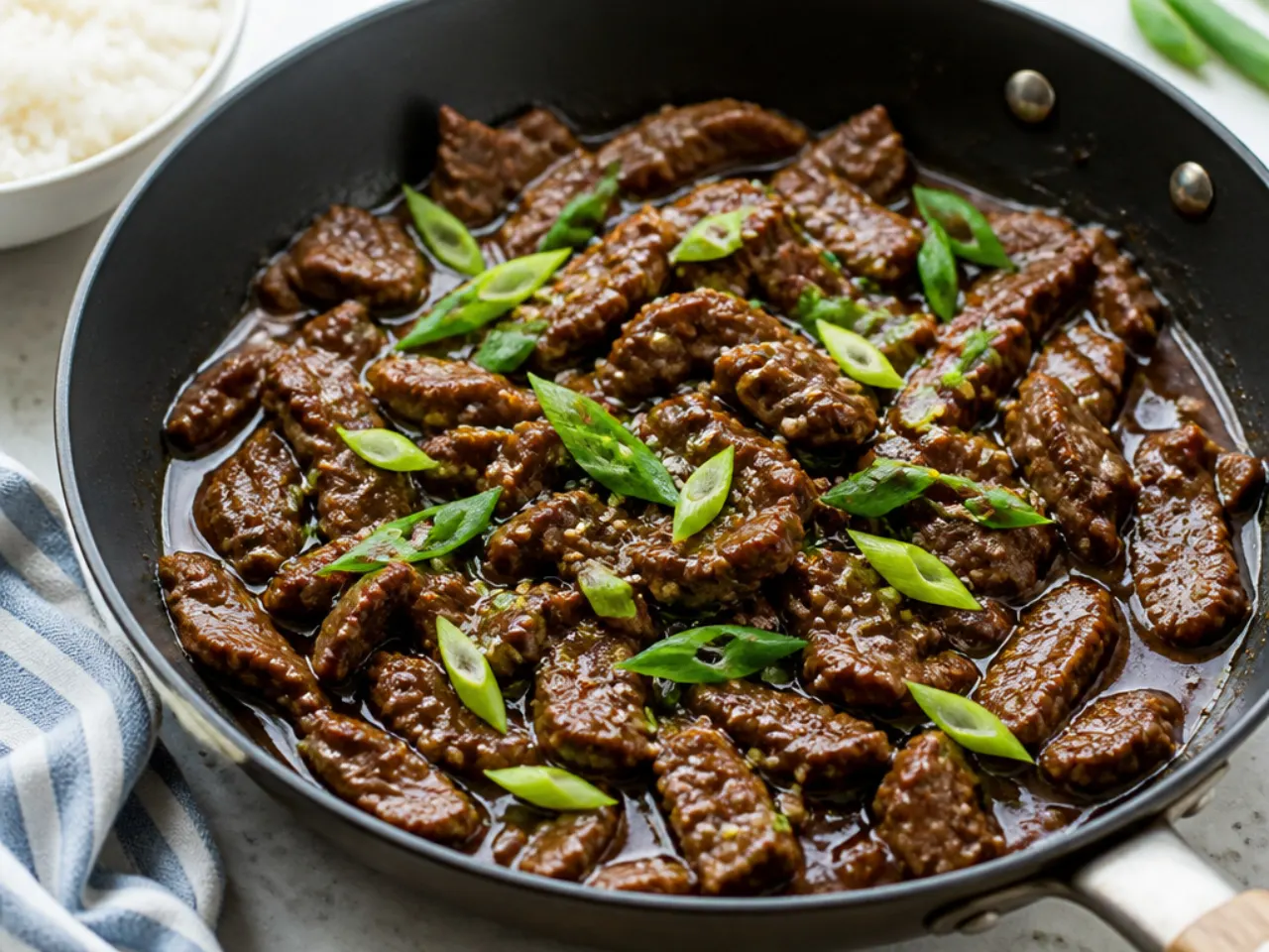 Quick Mongolian beef in a skillet with glossy sauce and spring onions