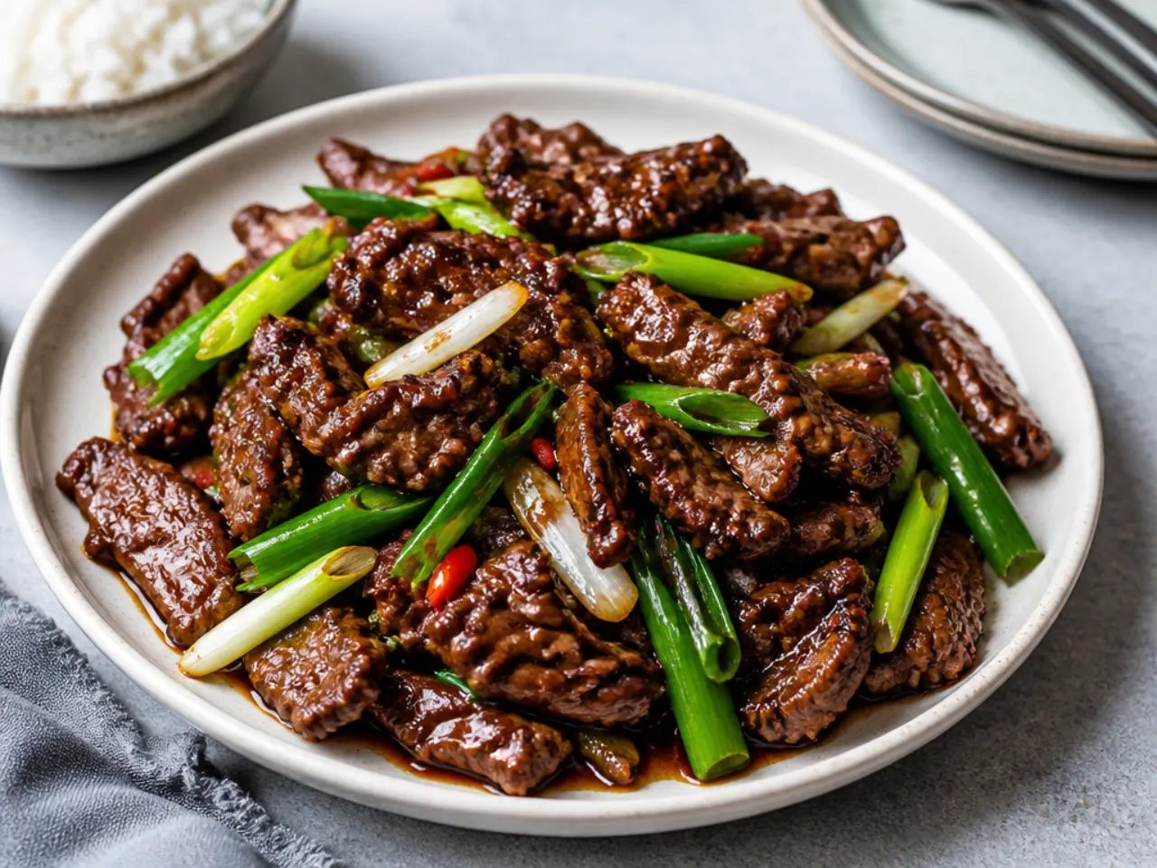 Classic quick Mongolian beef with crispy flank steak slices