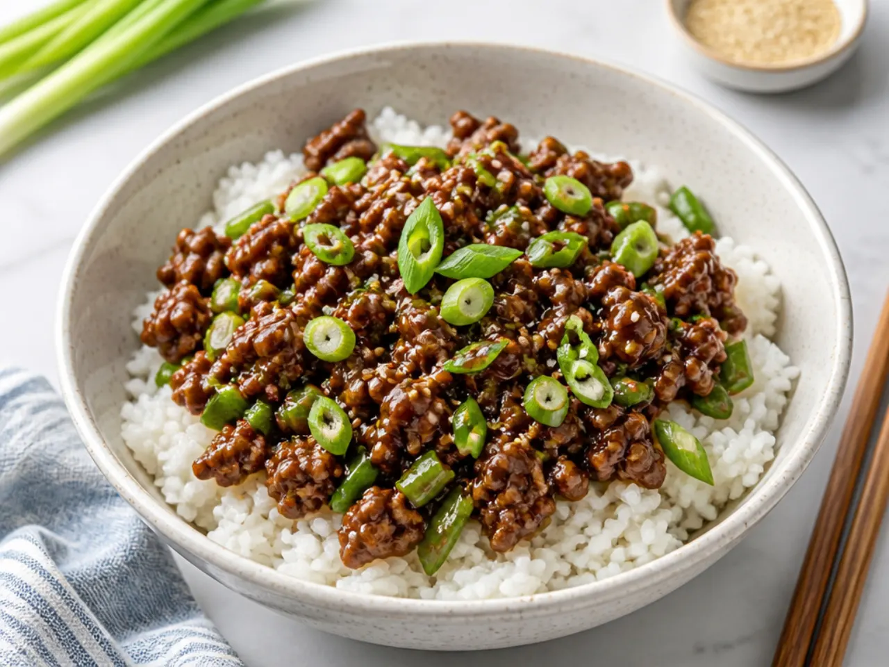 Easy Mongolian ground beef rice bowl ready in 15 minutes