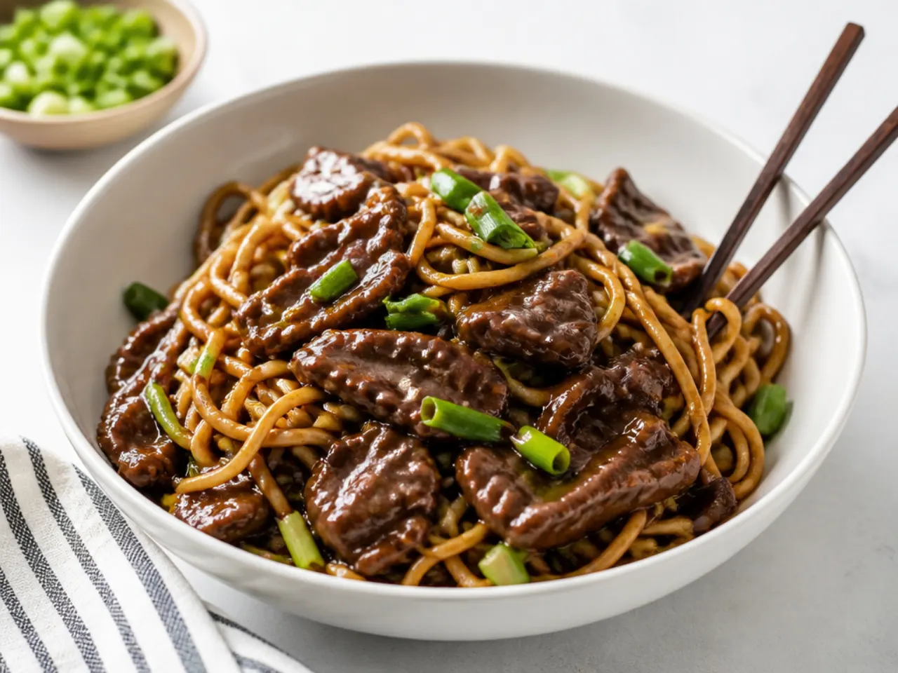 Quick Mongolian beef noodles tossed in glossy soy sauce