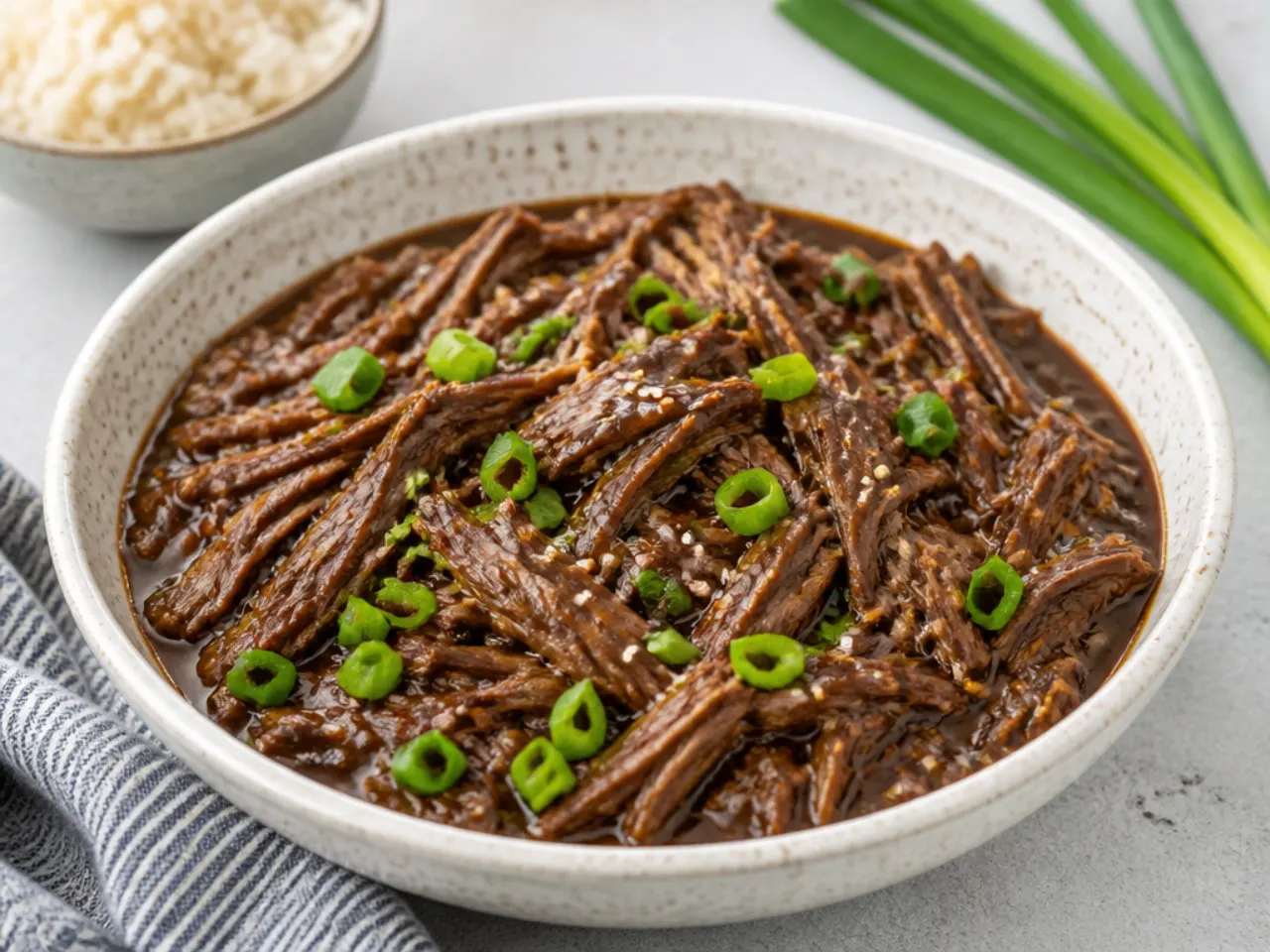 Slow cooker Mongolian beef with tender shredded steak in sauce
