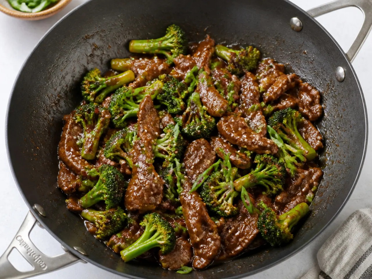 Quick Mongolian beef and broccoli stir fry in a wok