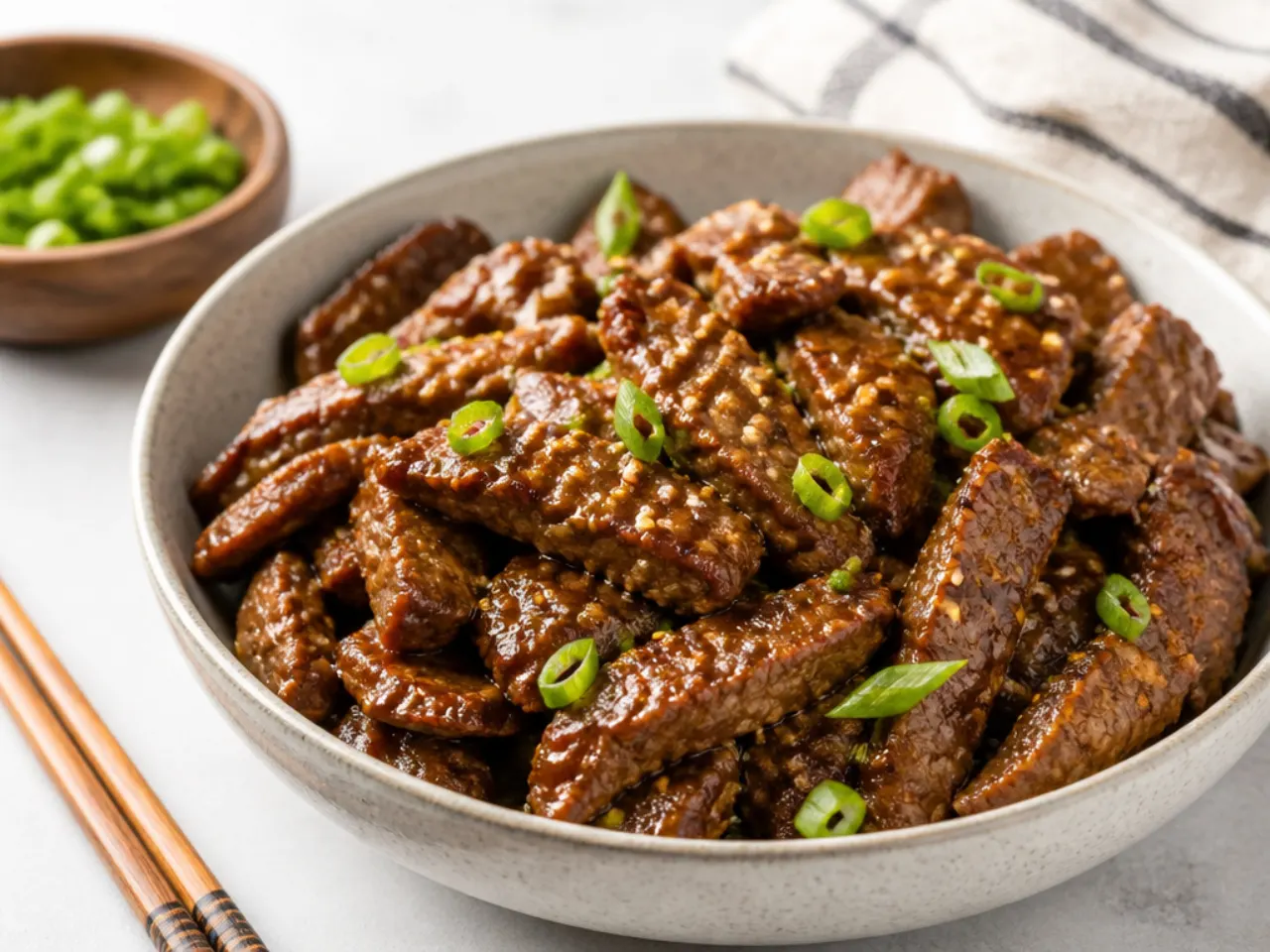 Air fryer Mongolian beef with crispy coated steak strips