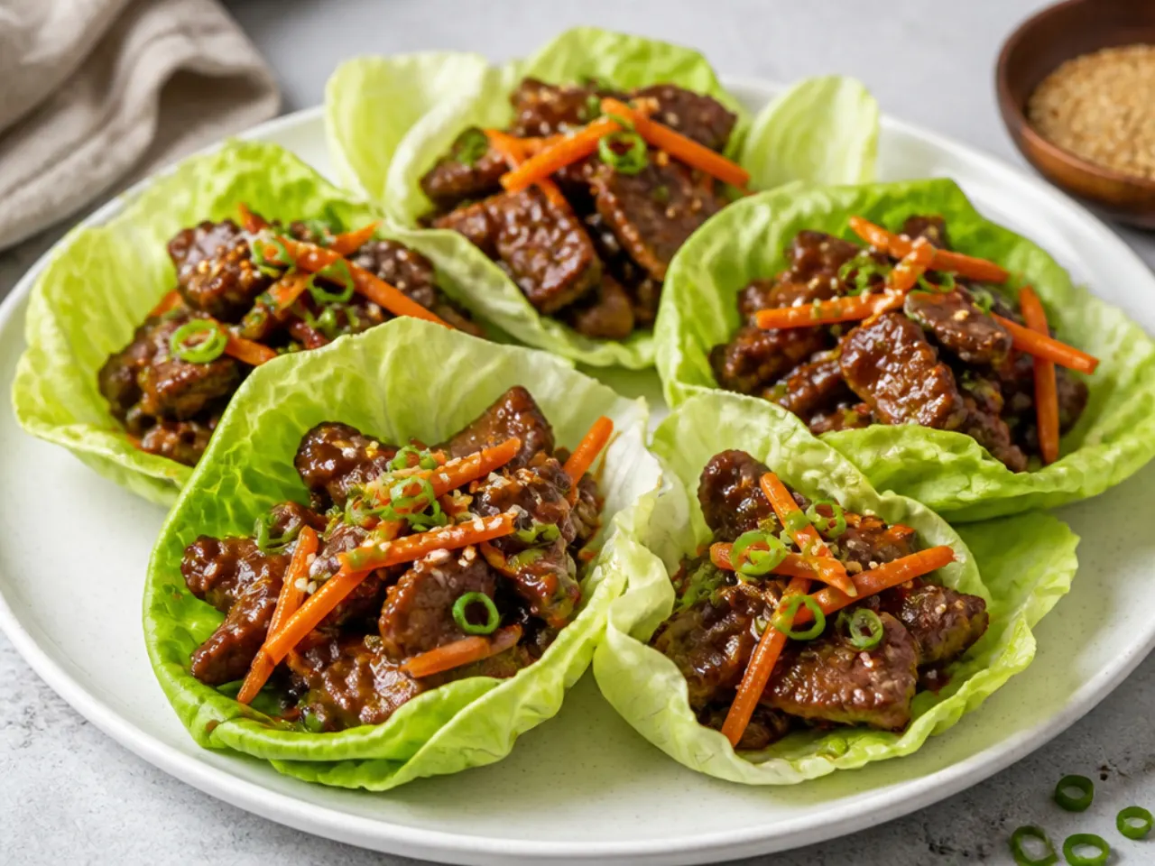 Mongolian beef lettuce wraps with carrot and sesame topping