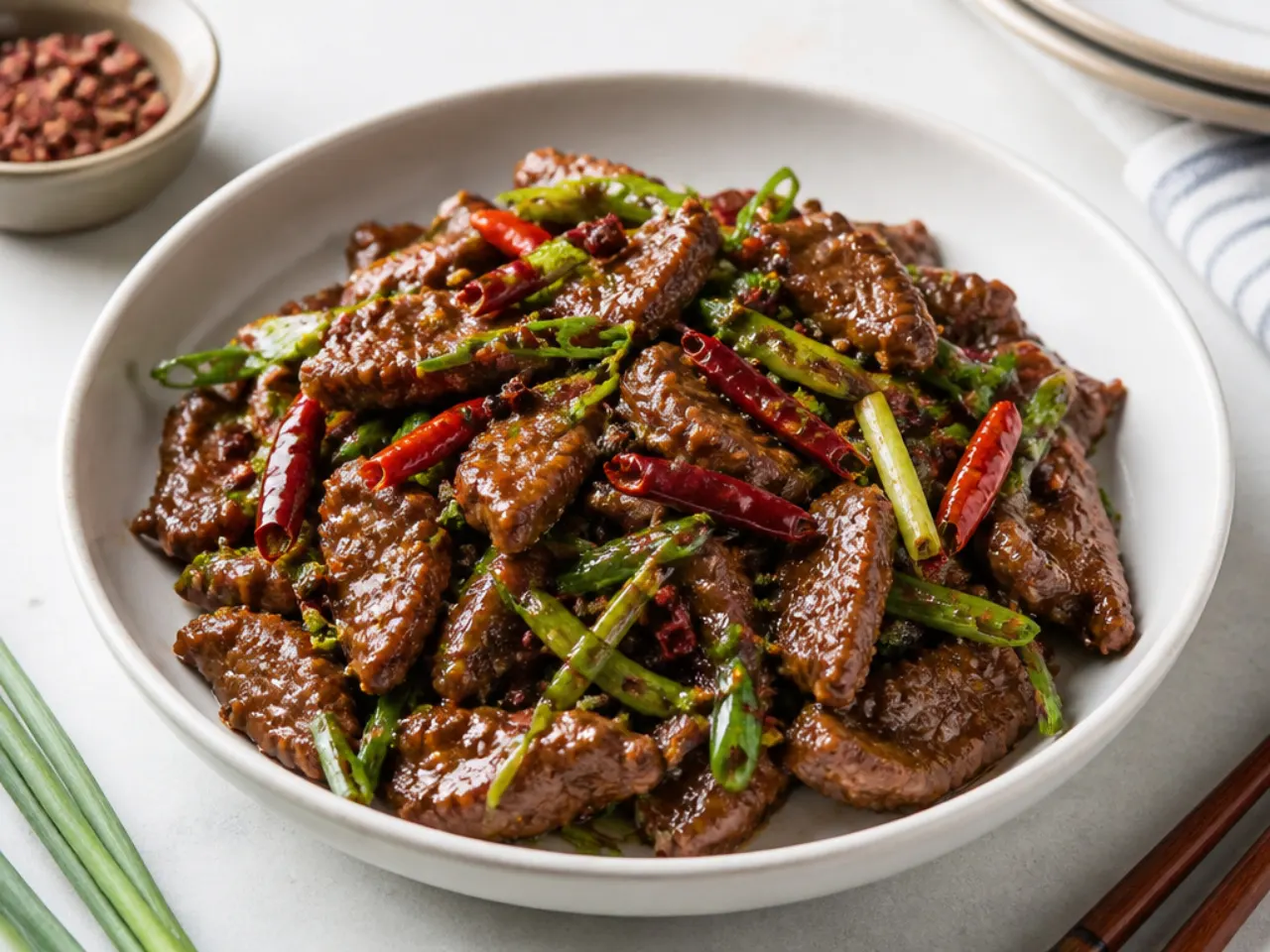 Spicy Mongolian beef with dried red chillies and Sichuan peppercorns