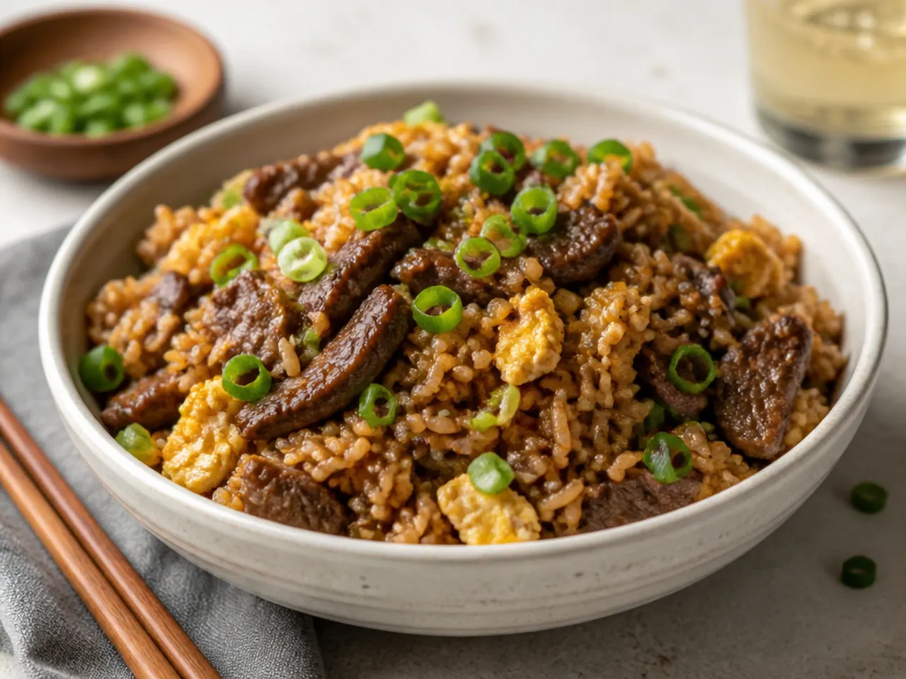 Mongolian beef fried rice with egg and spring onions