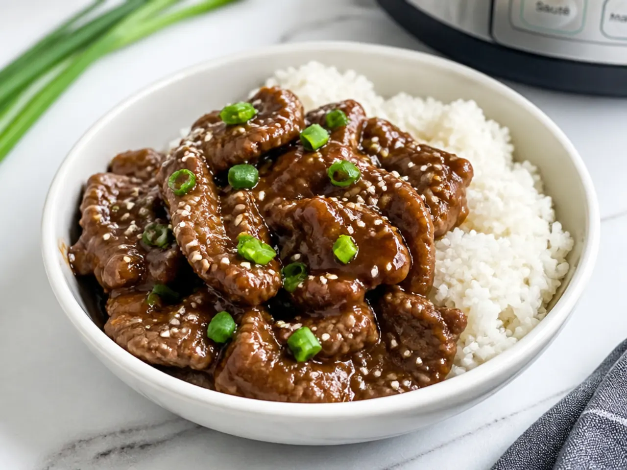 Instant Pot Mongolian beef with thick glossy sauce over rice