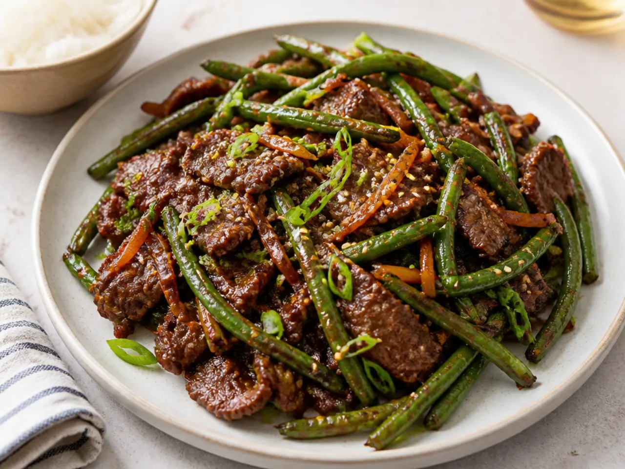 Mongolian beef stir fry with blistered green beans