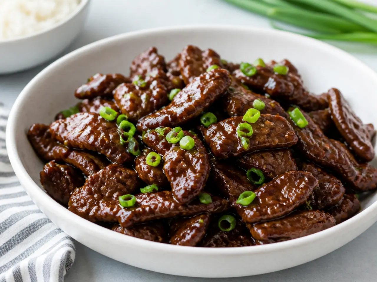 Honey garlic Mongolian beef with shiny lacquered sauce