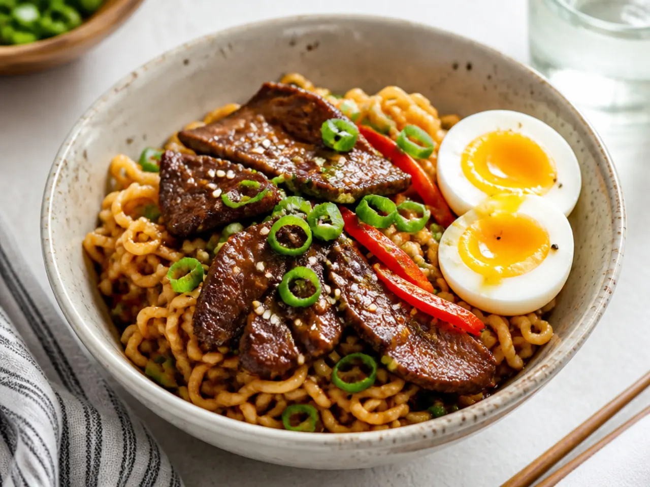 Mongolian beef ramen bowl with soft boiled egg