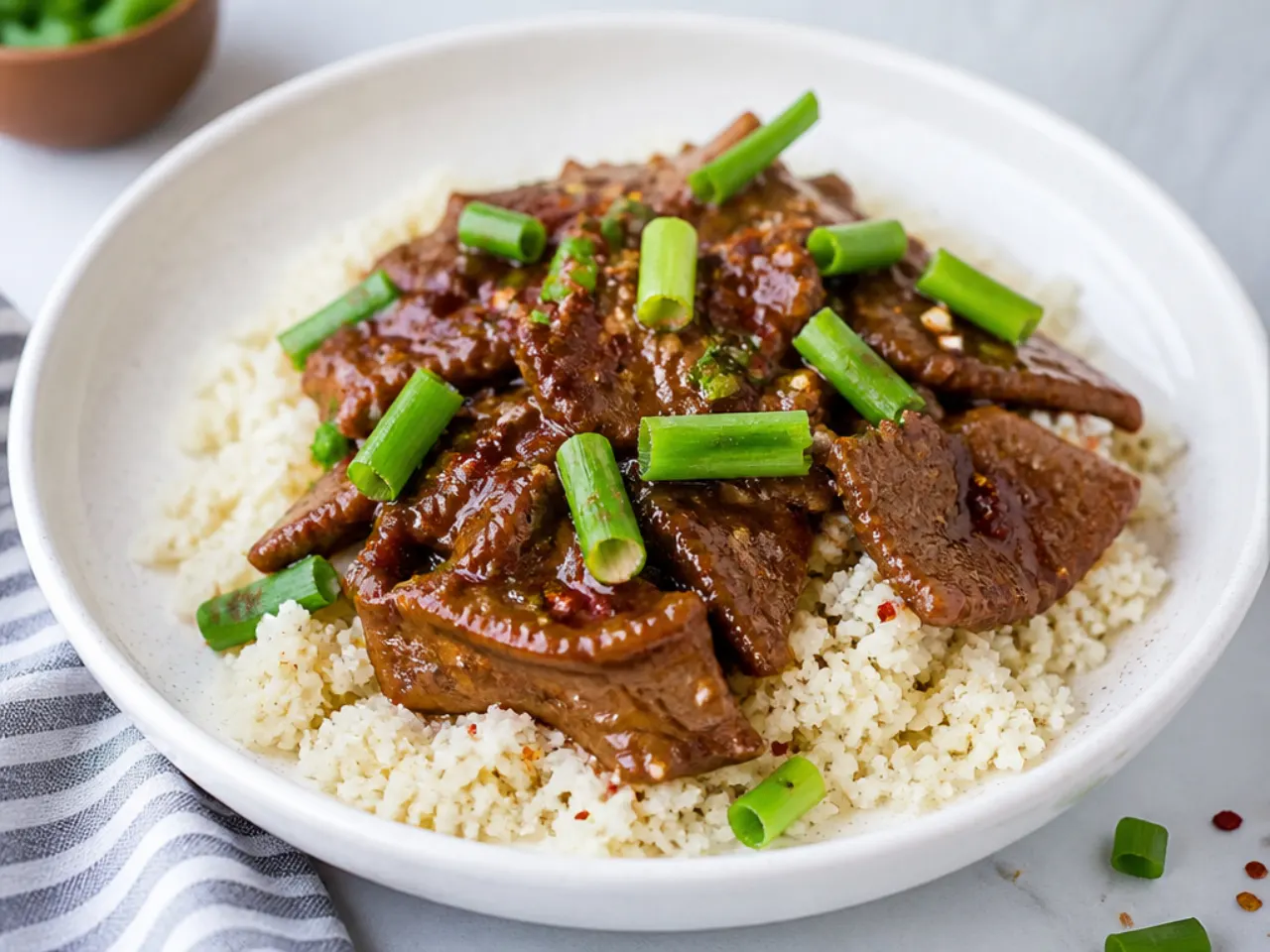 Low carb Mongolian beef served over cauliflower rice