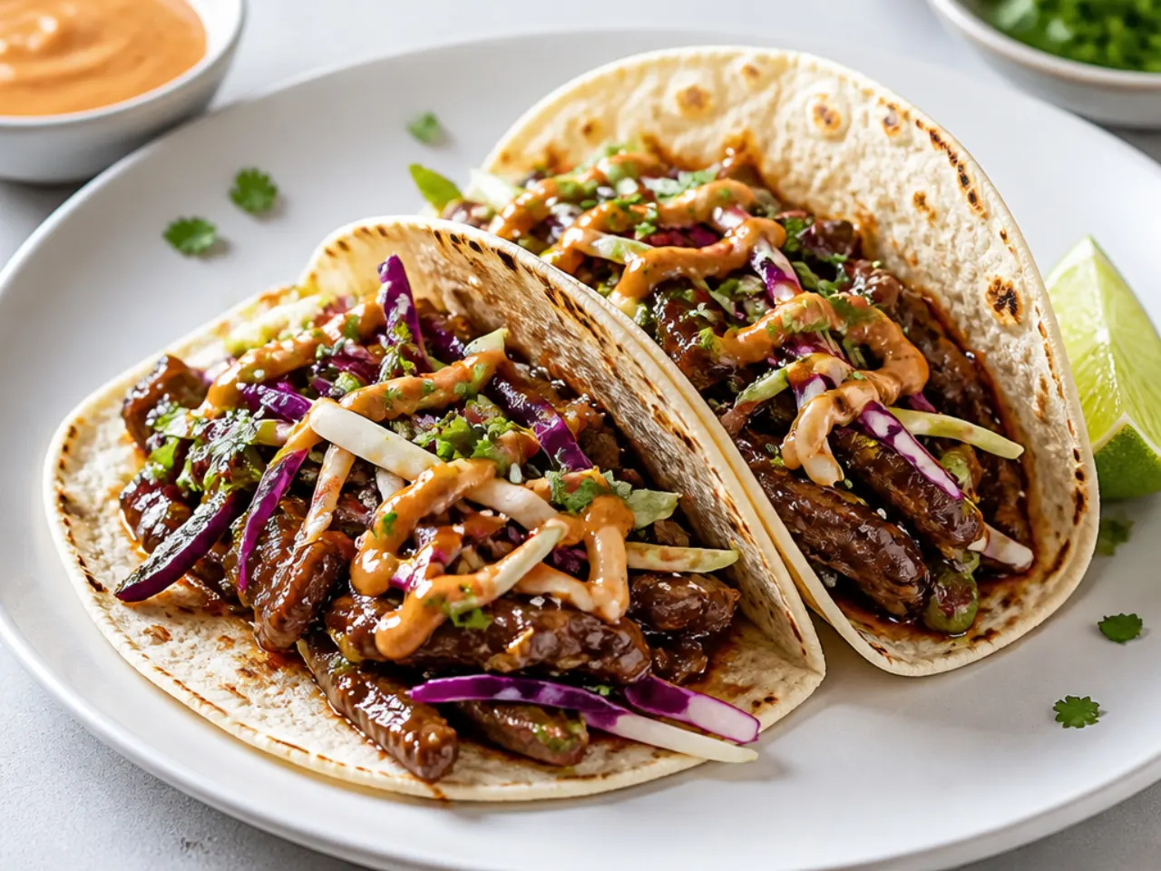 Mongolian beef tacos with cabbage slaw and sriracha mayo