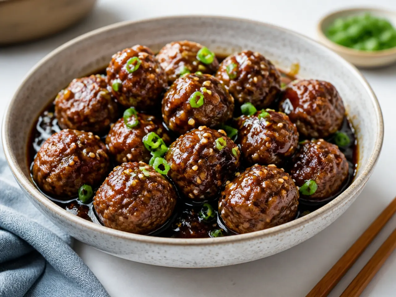 Mongolian beef meatballs glazed in sticky soy garlic sauce