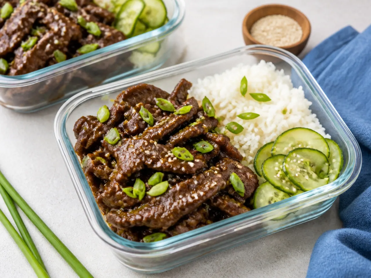 Mongolian beef meal prep bowls with rice and pickled cucumber
