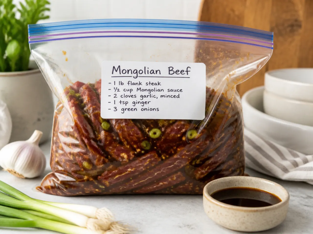 Freezer bag Mongolian beef kit with sliced steak and sauce