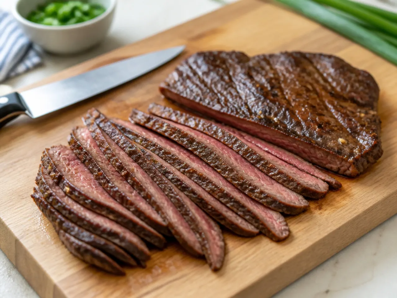 Slicing flank steak thinly against the grain for quick Mongolian beef