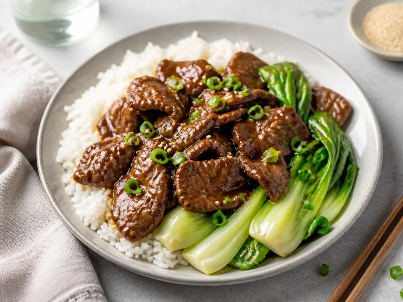 Quick Mongolian beef dinner served with jasmine rice and pak choi