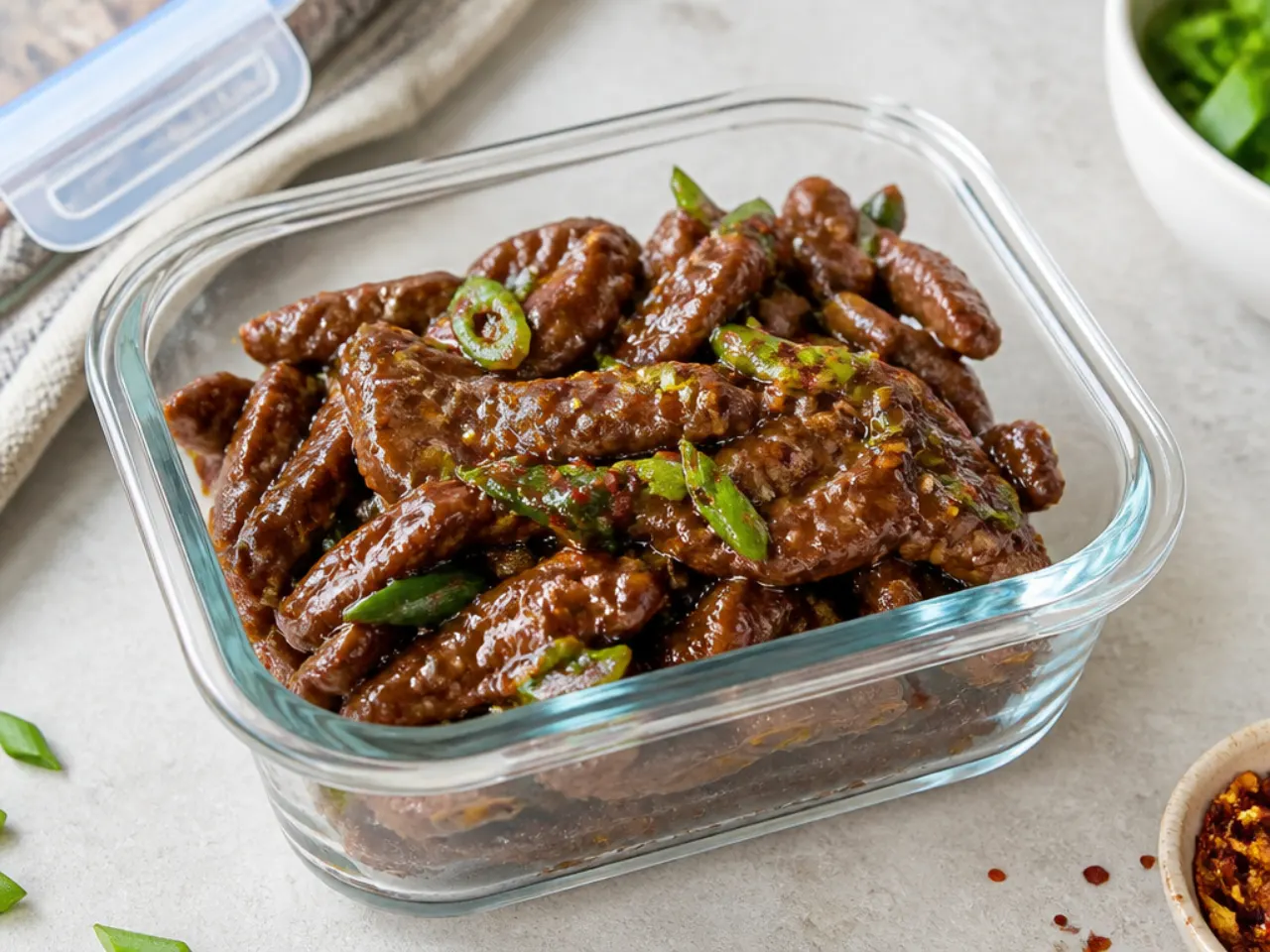 Mongolian beef leftovers stored in glass meal prep containers