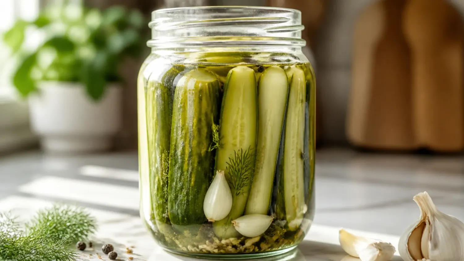 Two glass jars of crunchy quick refrigerator pickles packed with dill, garlic and mustard seed, cooling on a kitchen counter