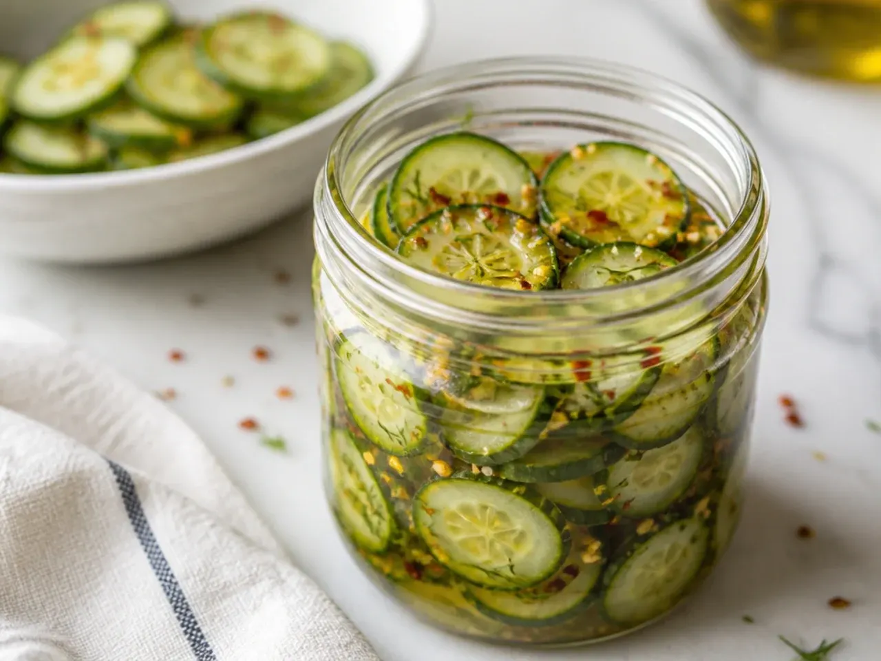 Side-by-side jars of pickle brine, one cloudy from iodized salt and one clear from pickling salt