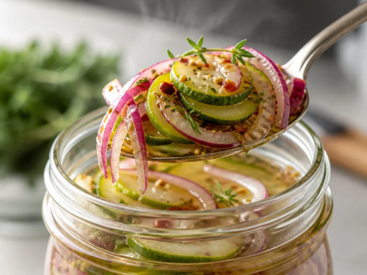 Measuring cups of white vinegar and water being poured in equal amounts for pickle brine