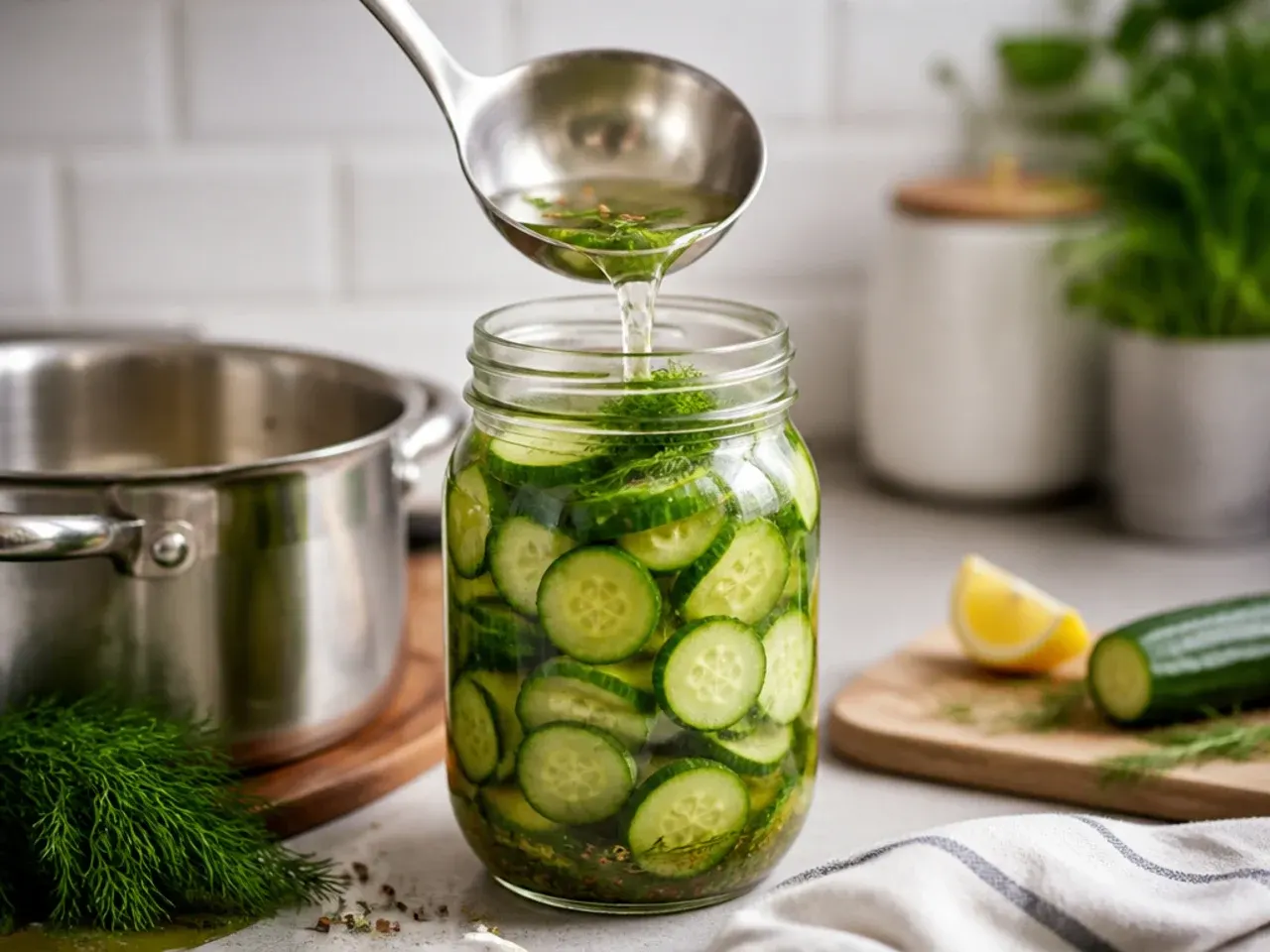 A saucepan of pickle brine cooling on the counter before being poured over cucumbers