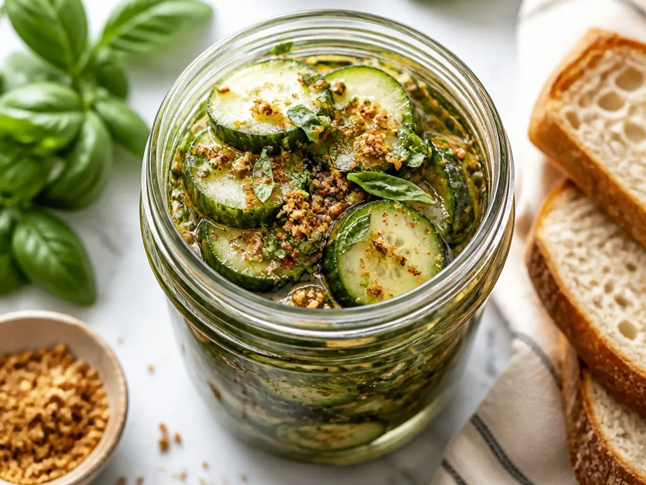 Cucumber spears packed tightly upright in a jar, fully submerged under brine