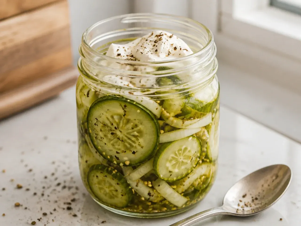 A nearly empty jar of refrigerator pickles showing softer, older spears at the bottom