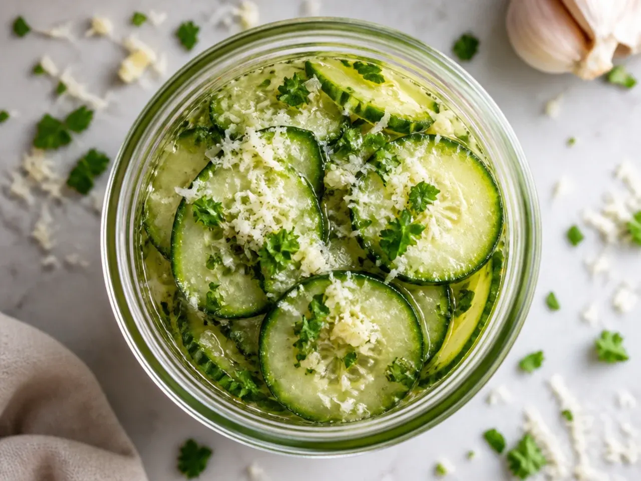 Smashed garlic cloves in pickle brine, one showing a harmless blue-green tinge