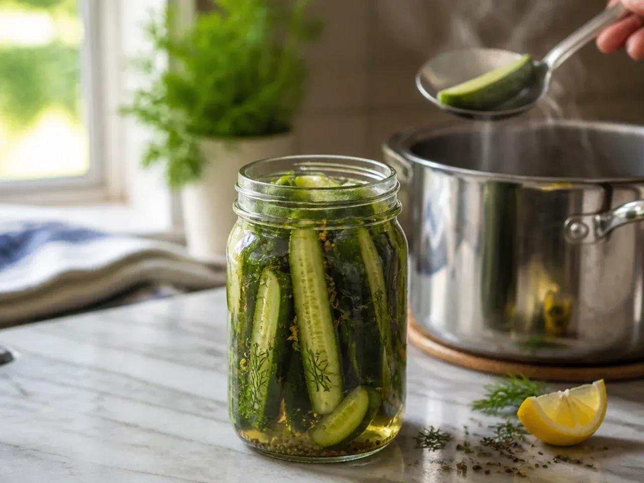 A whole pickled cucumber cut open next to pickled cucumber spears showing the difference in flavour penetration