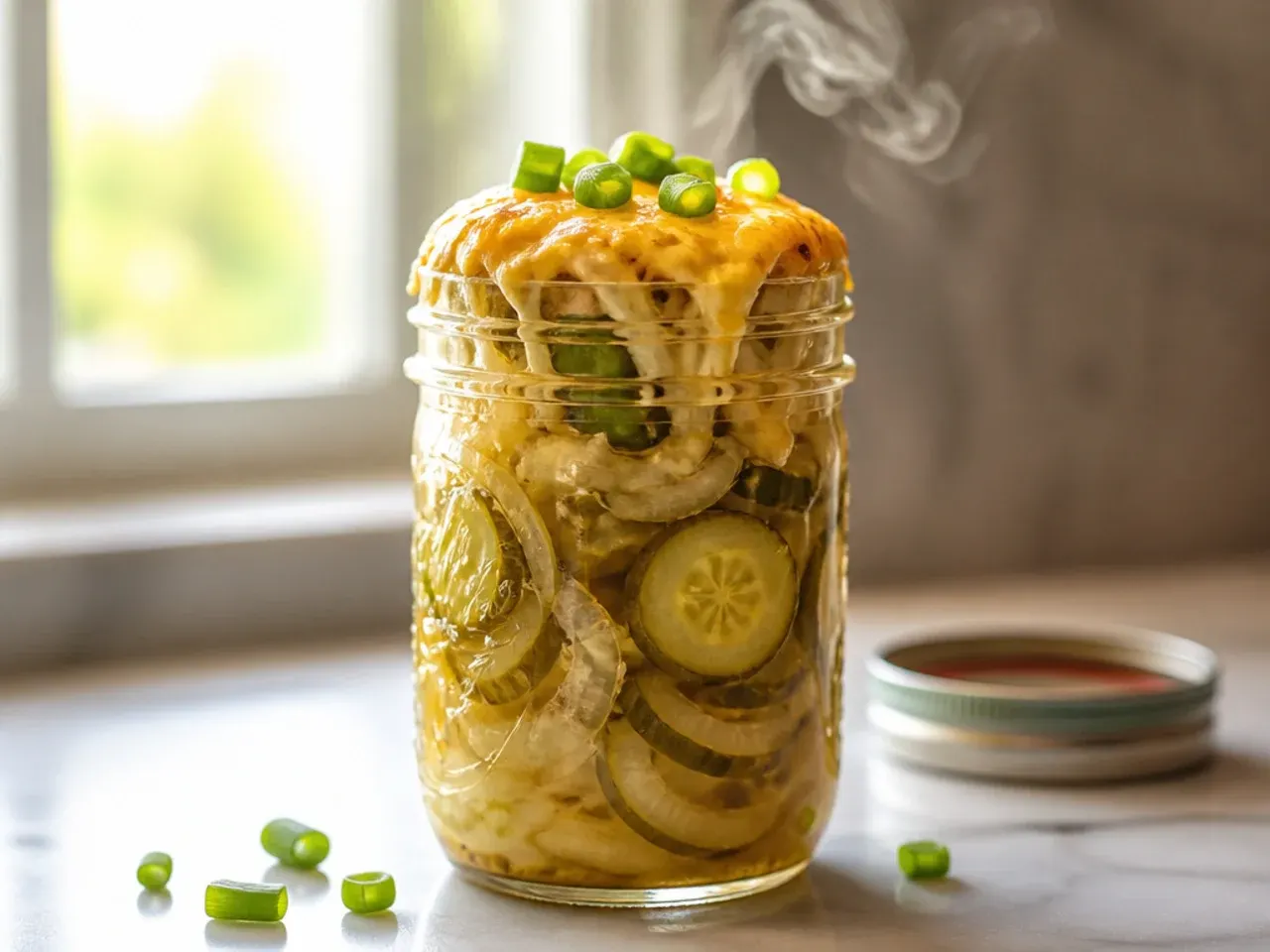 Fresh cucumber spears being added to a jar of leftover pickle brine with a splash of fresh vinegar