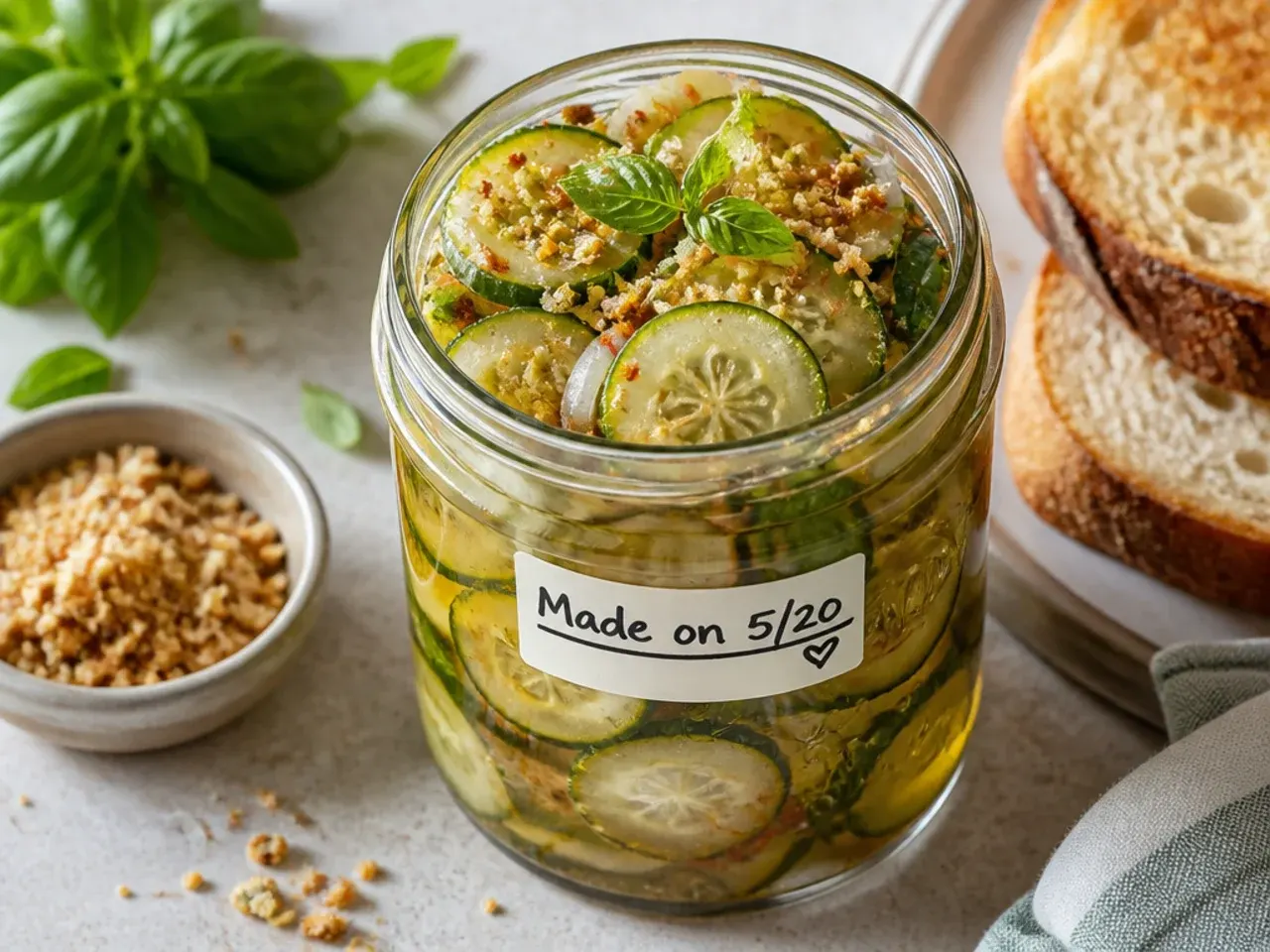 A jar of pickles with masking tape and a handwritten date stuck to the lid
