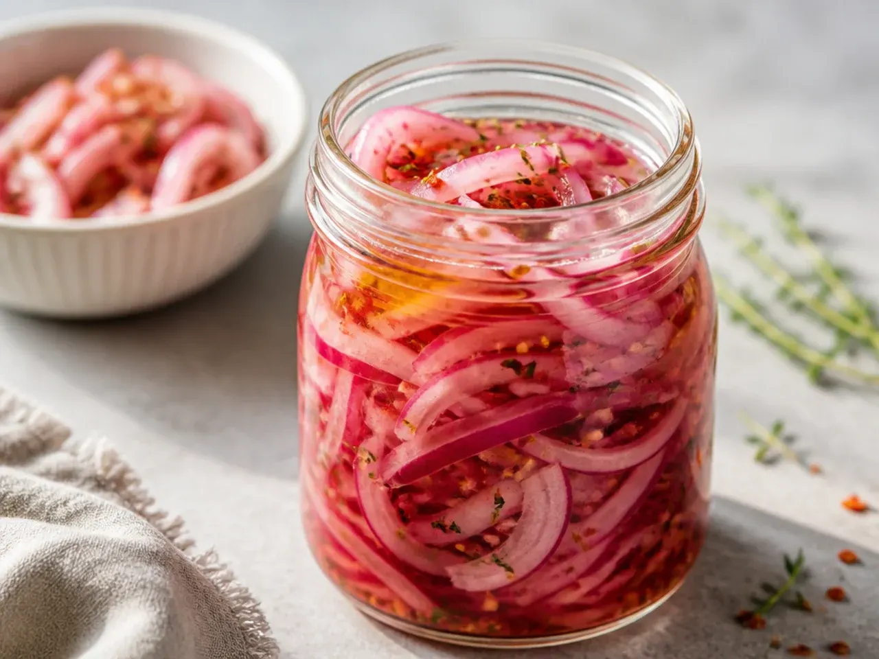 Thinly sliced onion mixed sparingly with cucumber spears in a pickle jar