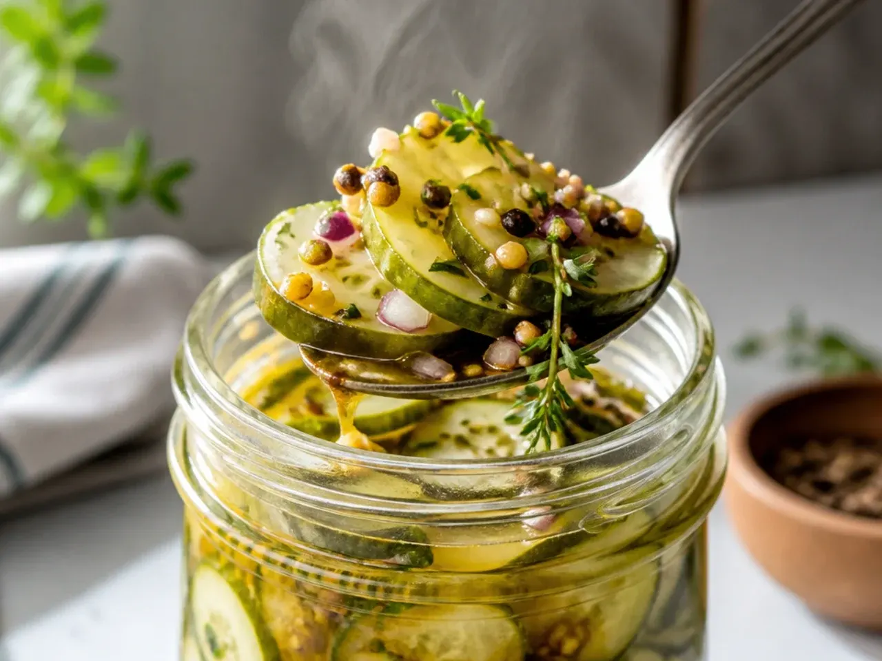 A glass pickle jar fitted with a plastic storage lid instead of a metal one