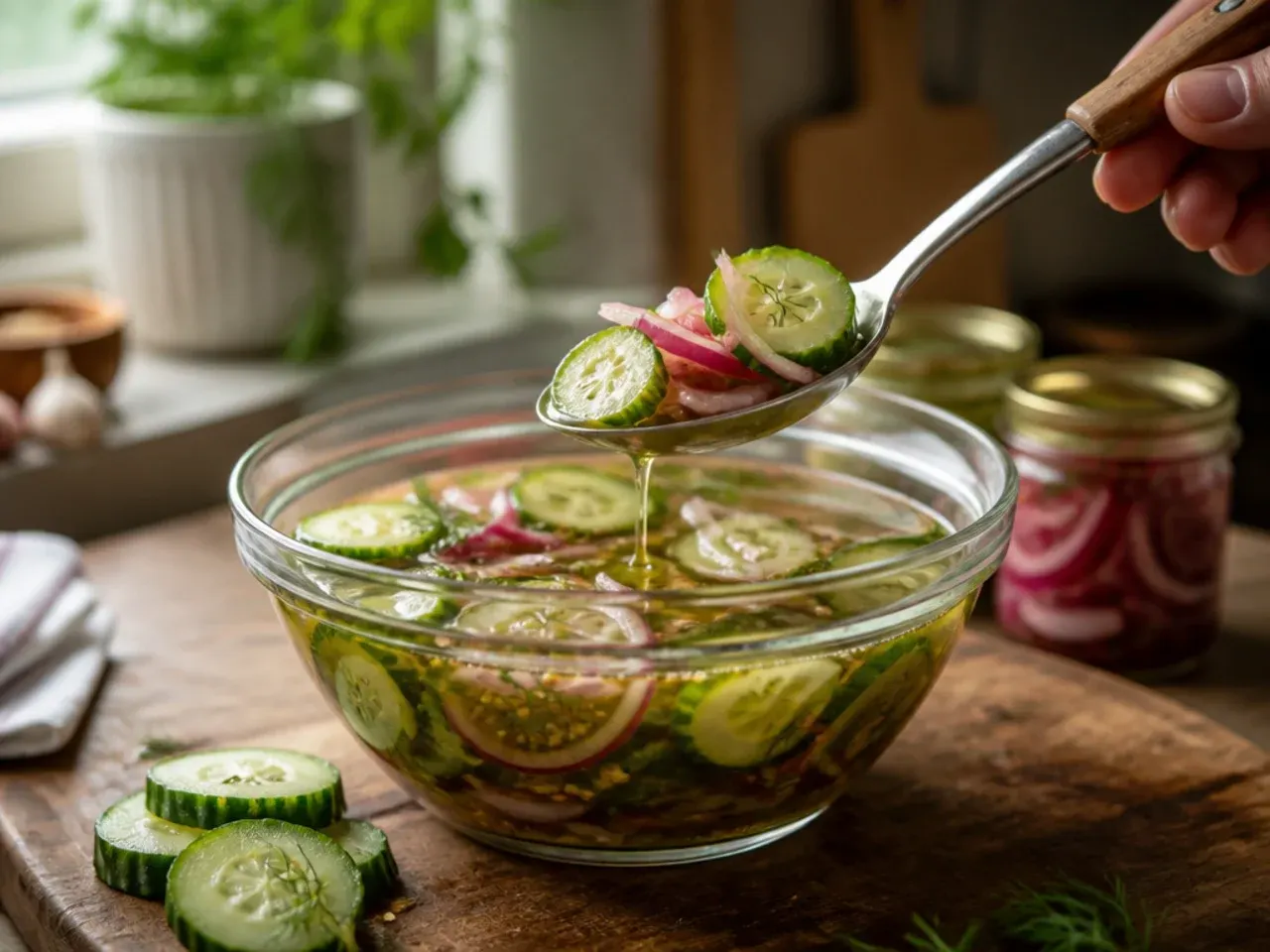 A finished jar of crunchy quick refrigerator pickles being opened at the kitchen table