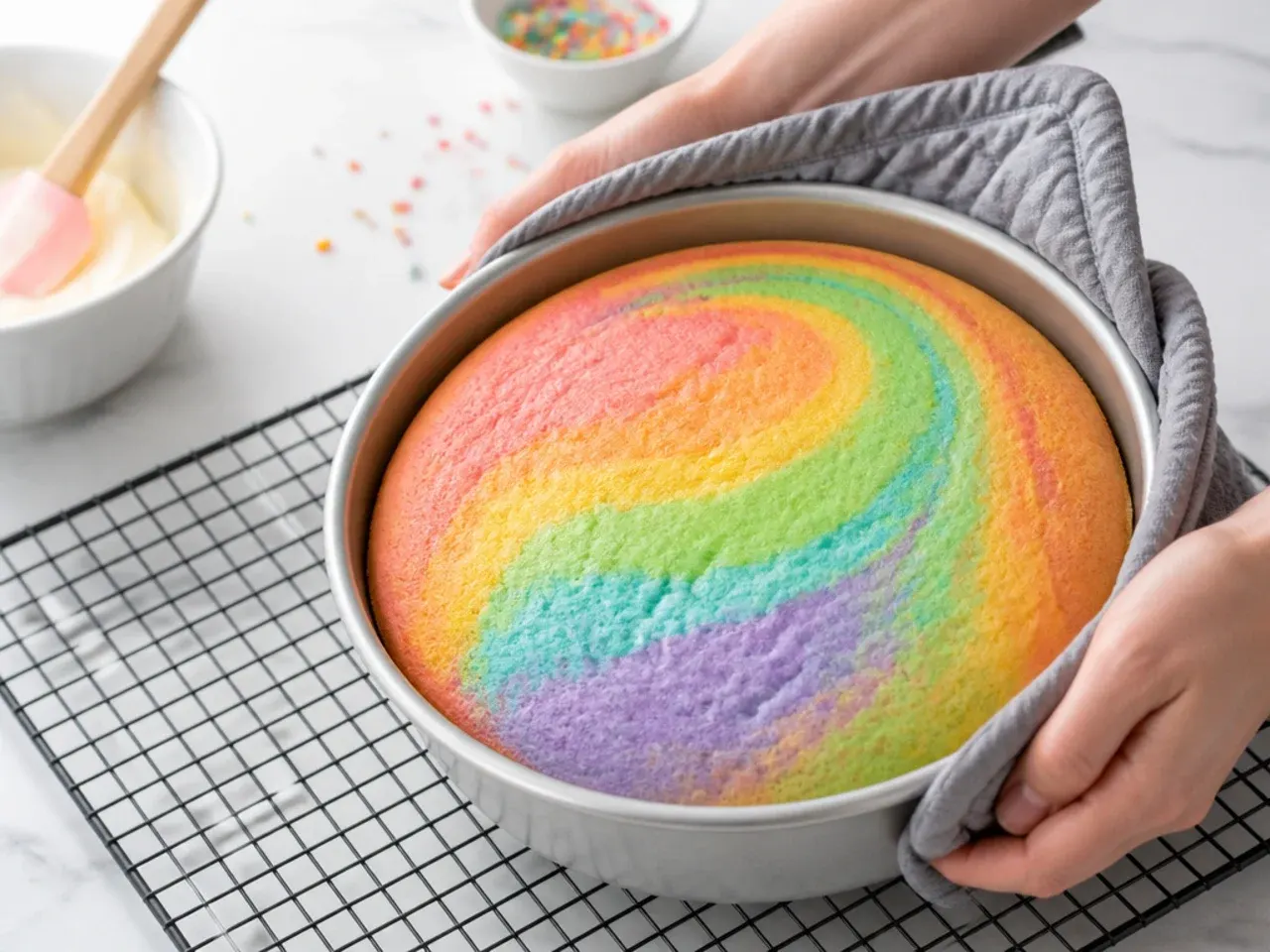 rainbow unicorn cake — step 4: bake