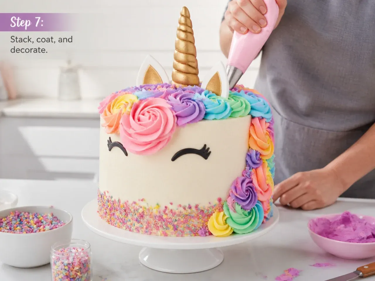 rainbow unicorn cake — step 7: stack, coat, and decorate