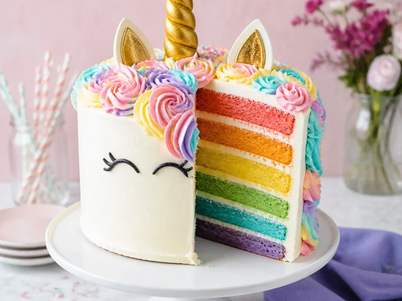 Classic rainbow unicorn cake sliced to reveal six colored sponge layers inside