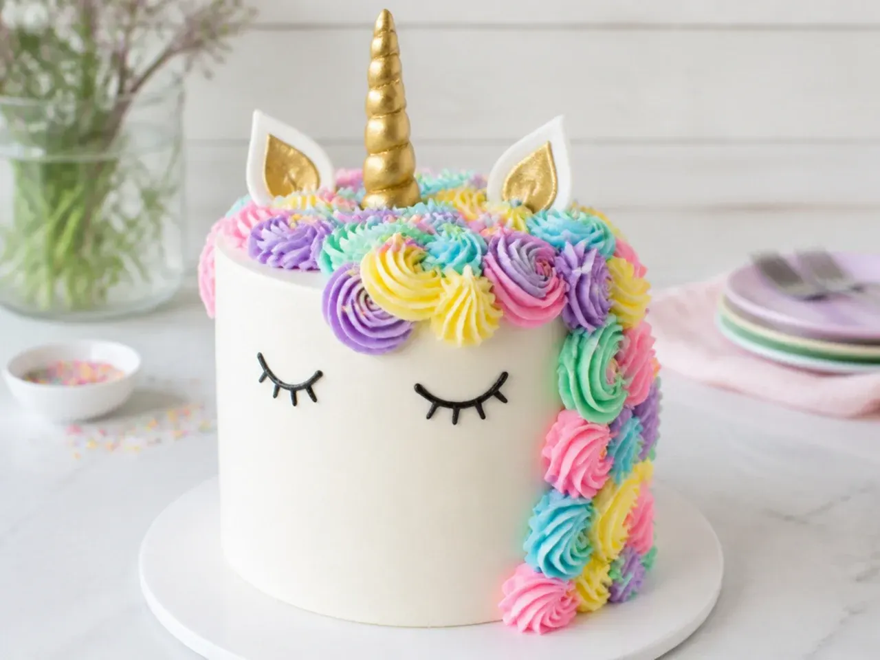 Easy rainbow unicorn cake with a pastel piped buttercream mane on a white base