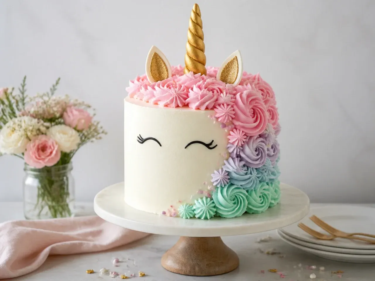 Elegant rainbow unicorn cake with a pastel ombre buttercream mane fading pink to mint