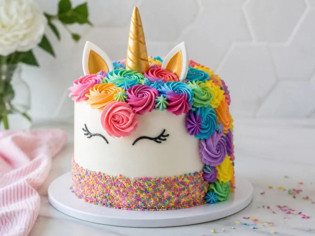 Playful rainbow unicorn cake with a thick band of rainbow sprinkles around the base