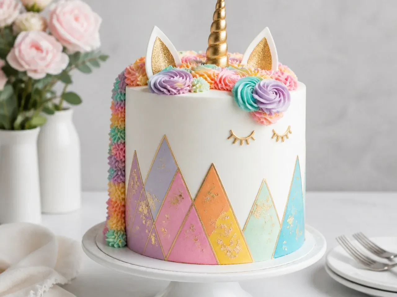 Modern rainbow unicorn cake with sharp white sides and gold leaf geometric triangles