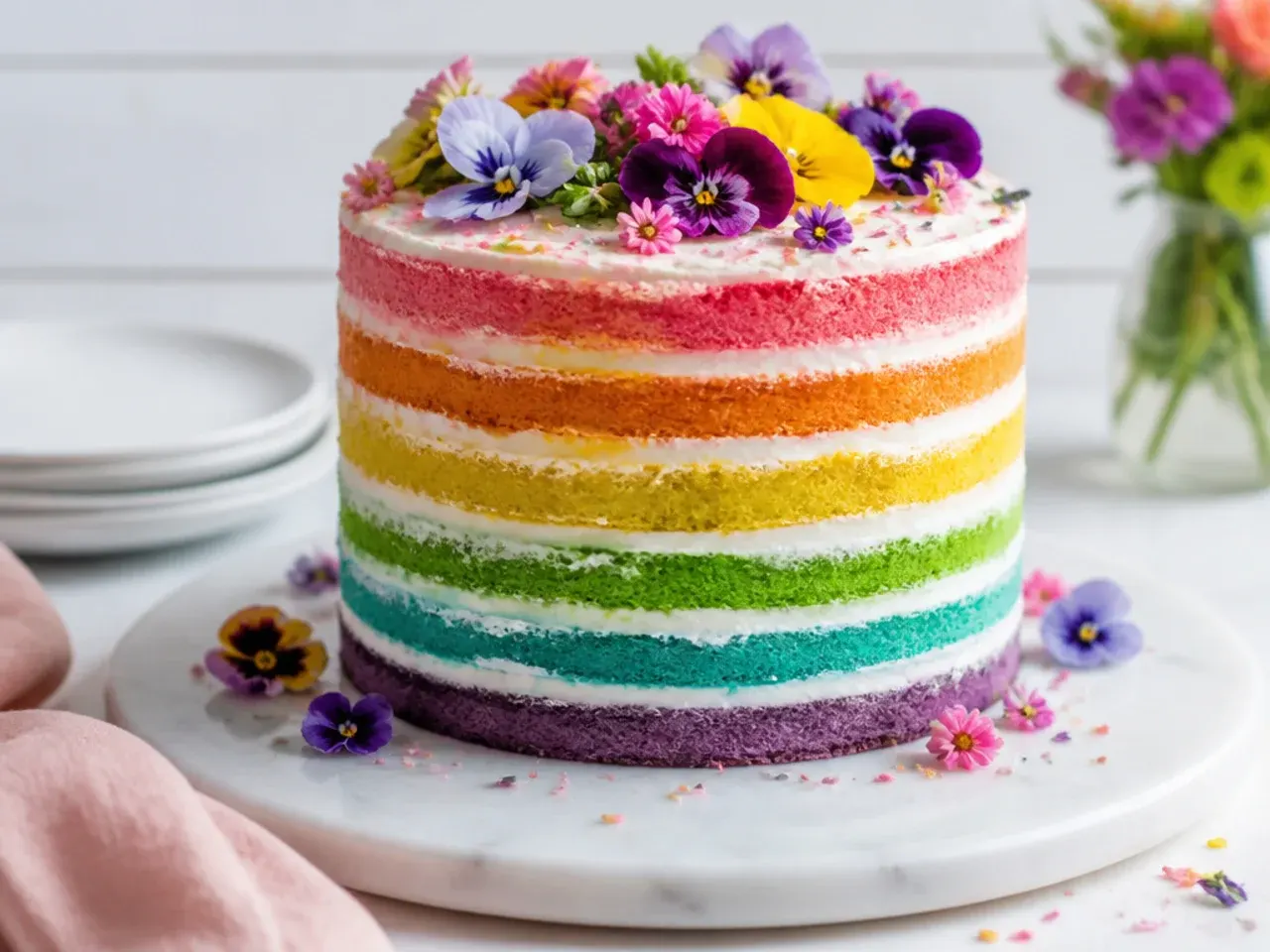 Rustic naked rainbow unicorn cake showing colored layers with fresh edible flowers on top