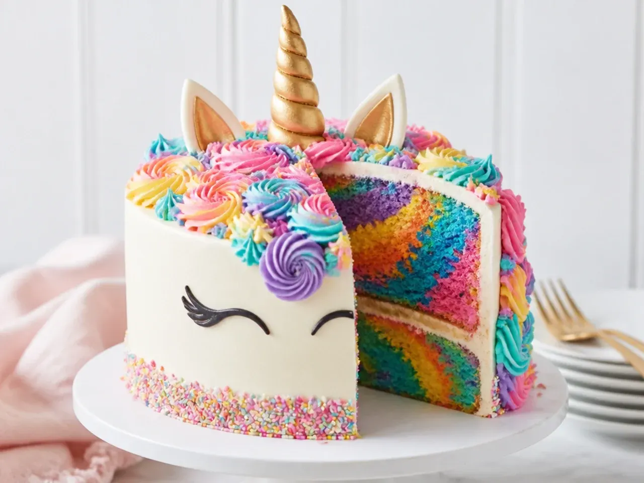 Colorful tie-dye rainbow unicorn cake with a marbled swirl interior and piped mane