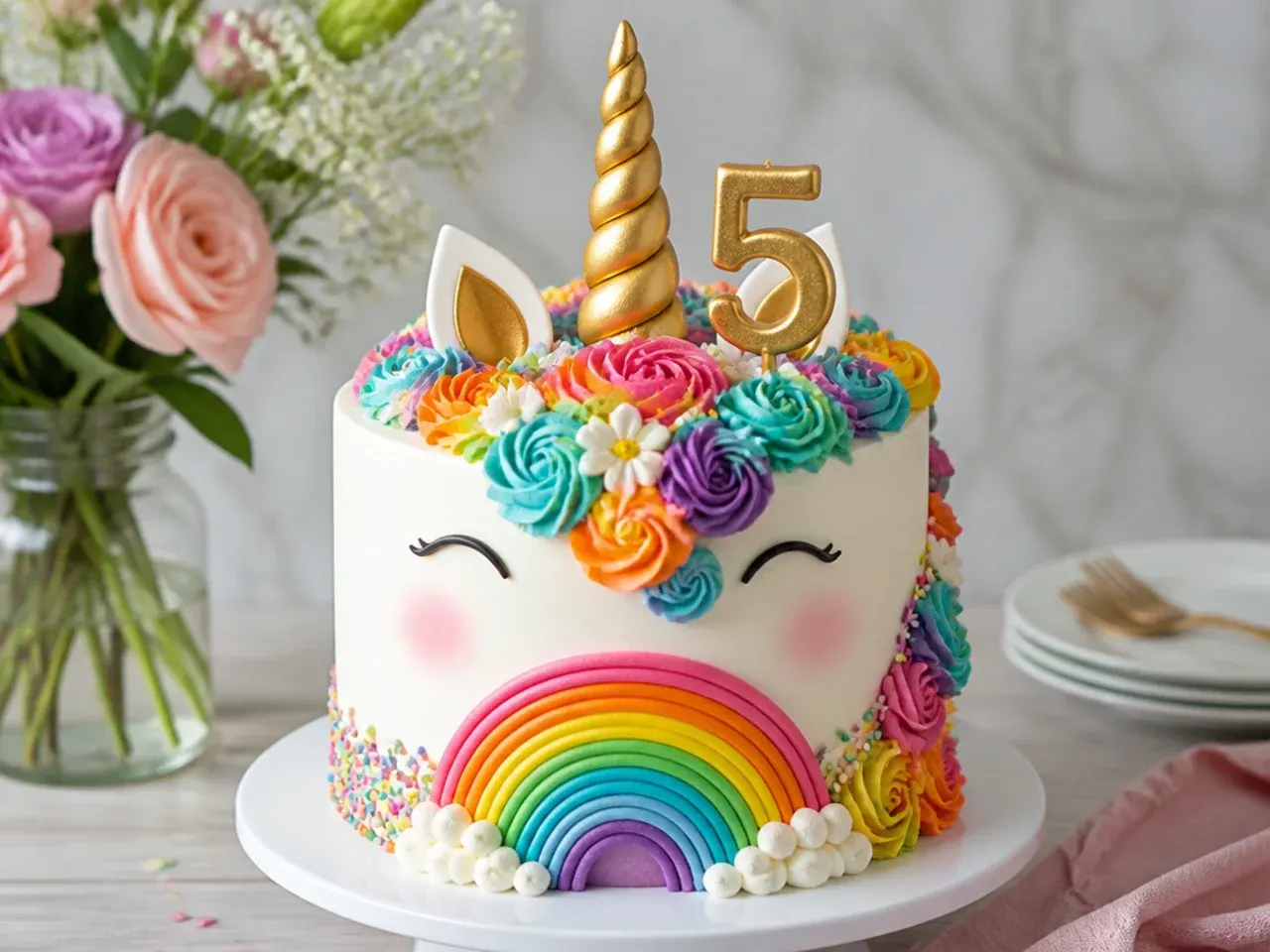 Festive rainbow unicorn cake with a gold number birthday topper set into the mane