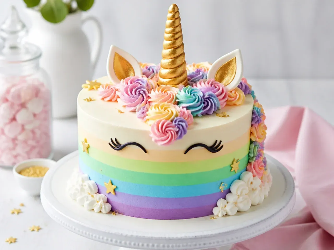 Whimsical rainbow unicorn cake with piped buttercream clouds and gold fondant stars