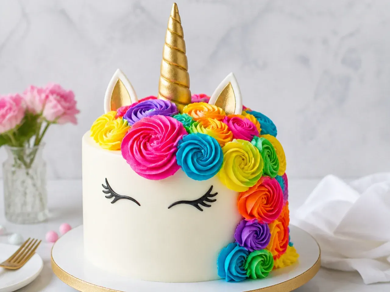 Bold neon rainbow unicorn cake with bright electric buttercream rosette mane