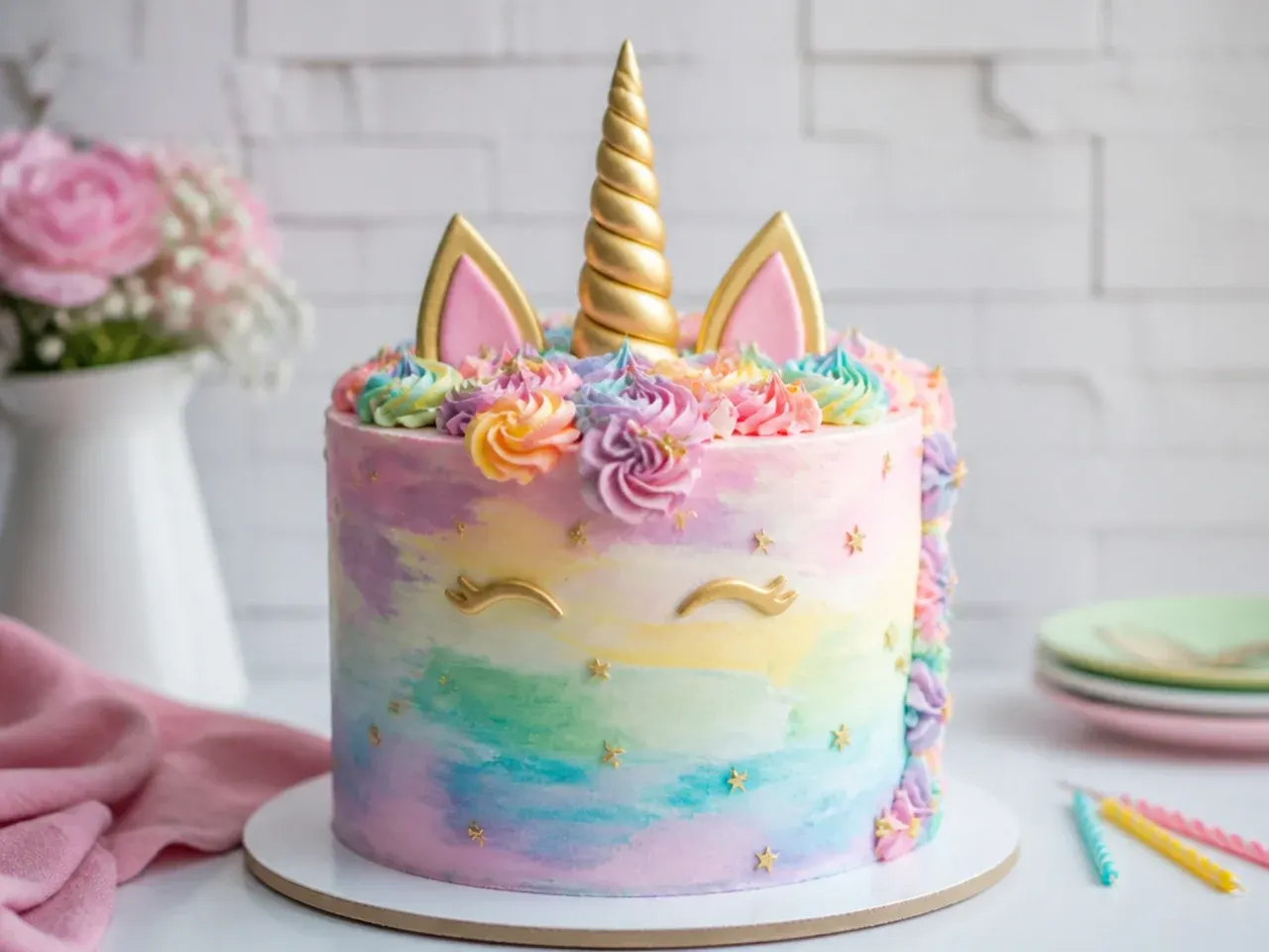 Delicate rainbow unicorn cake with hand-painted watercolor buttercream sides