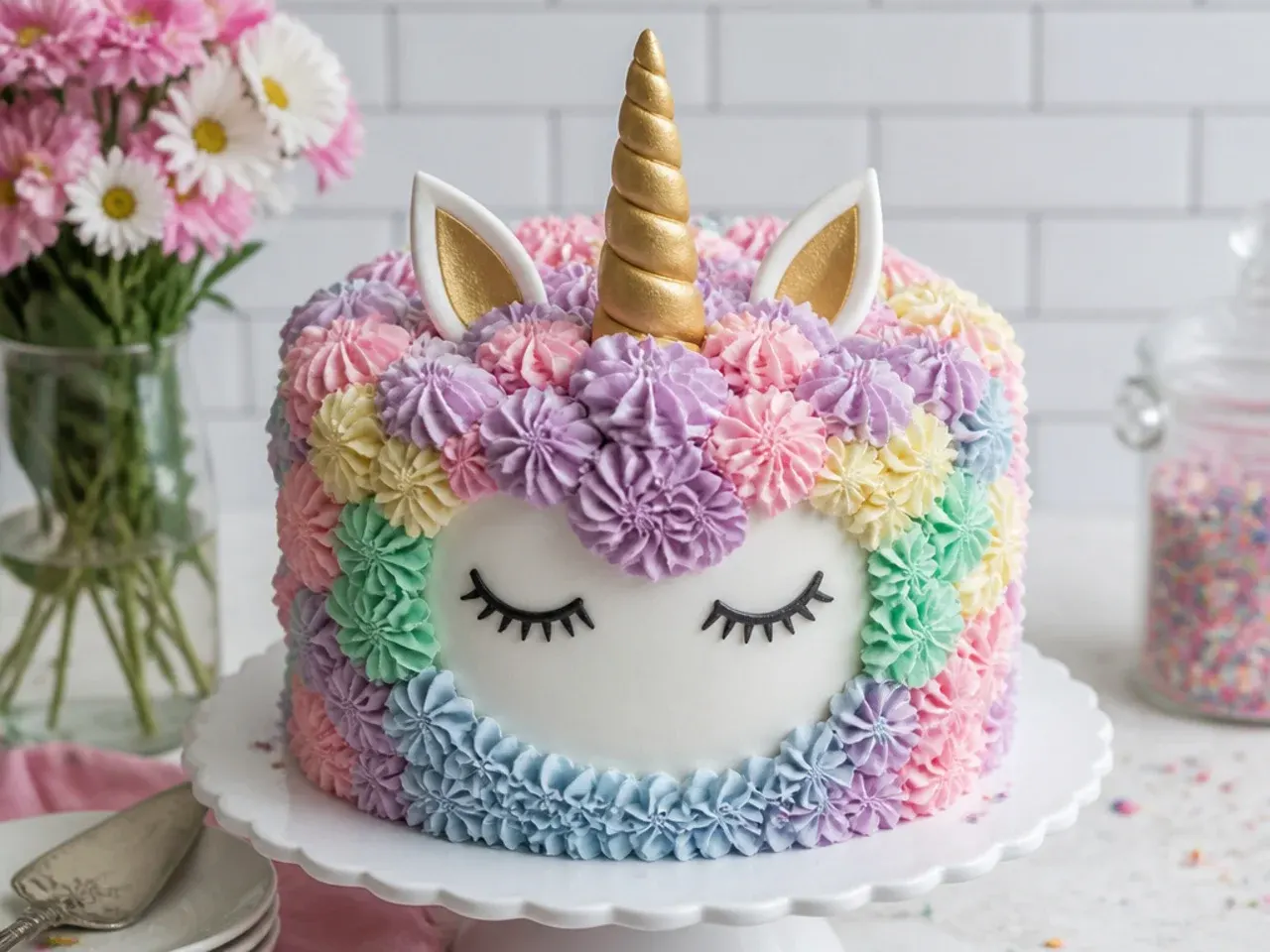 Vintage rainbow unicorn cake with dusty pastel piped buttercream ruffles