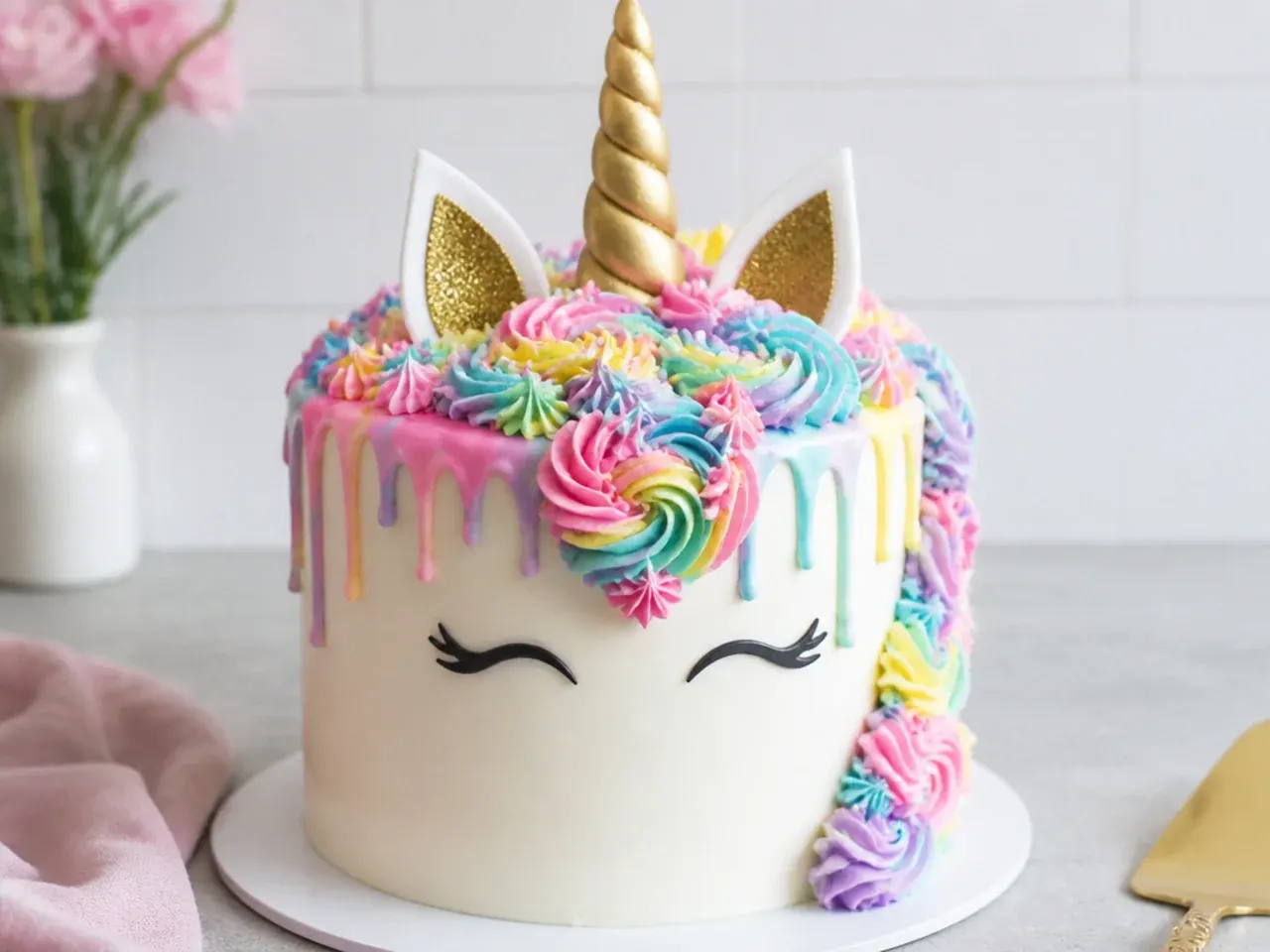 Creative rainbow unicorn cake with a glossy pastel ganache drip under the mane